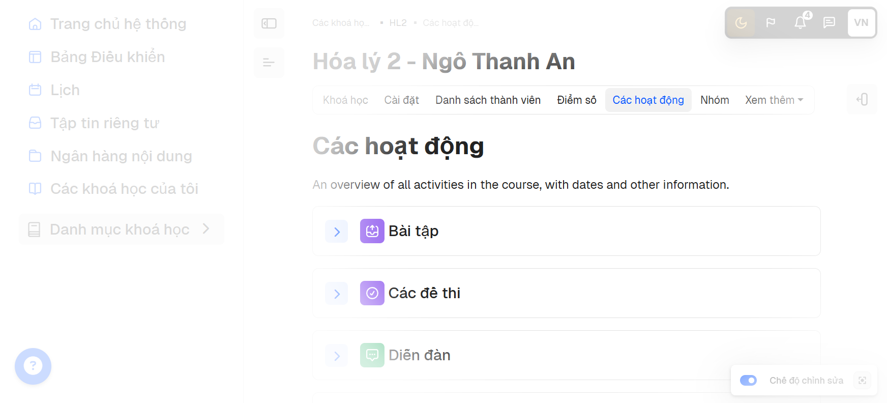 bật chế độ chỉnh sửa