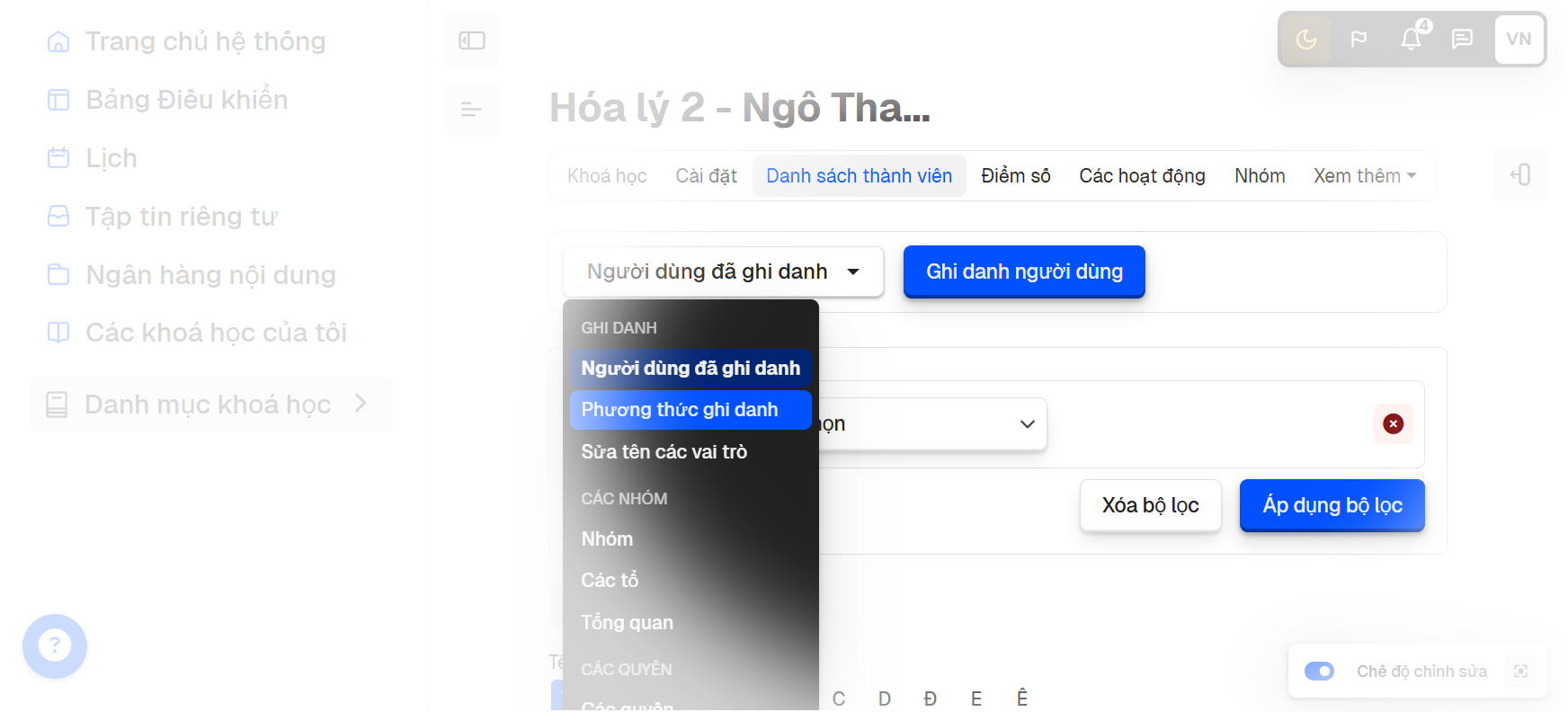 bật chế độ chỉnh sửa