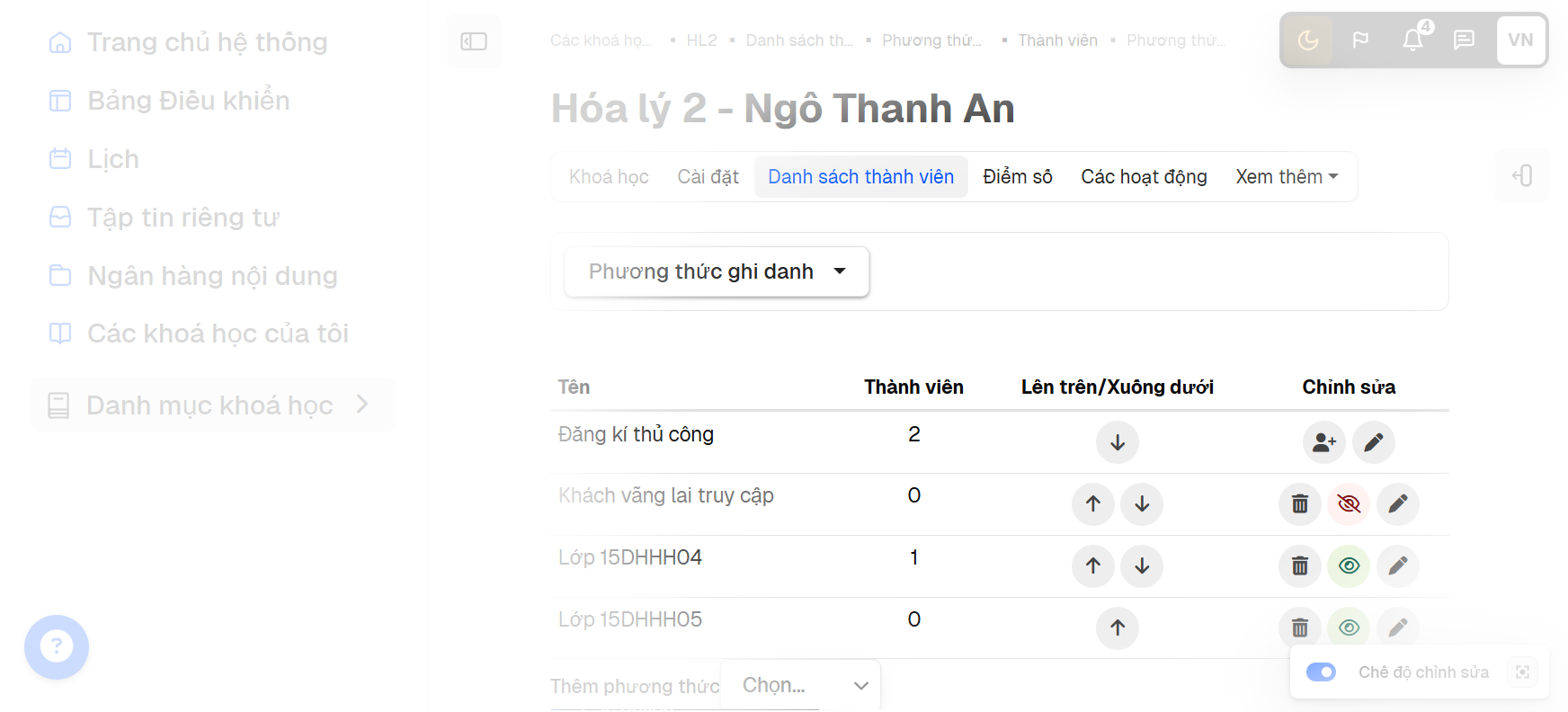 bật chế độ chỉnh sửa